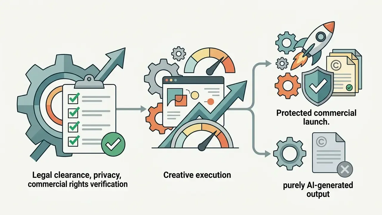 Process showing legal clearance leading to creative execution for protected or AI-generated output