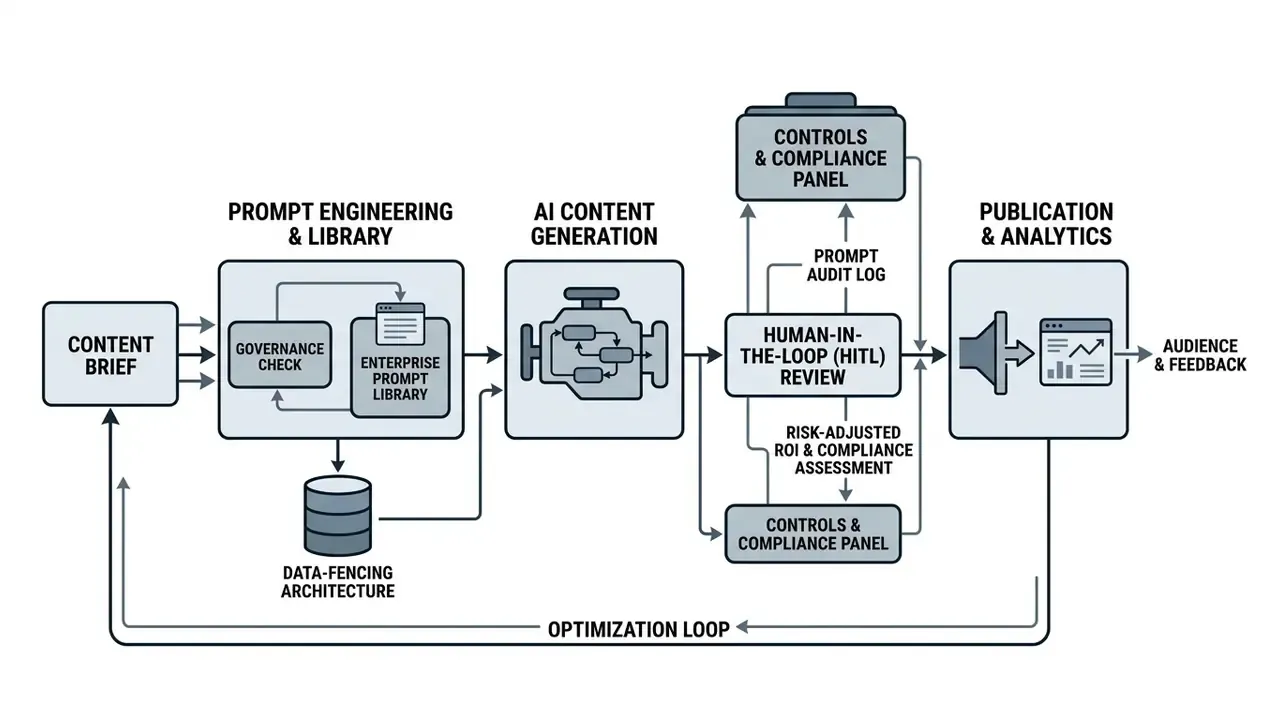 Sequential diagram showing the progression from content brief to generation, compliance review, and analytics