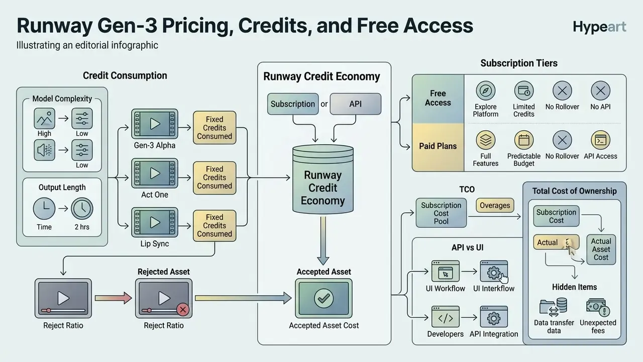 Infographic detailing Runway Gen-3 credit consumption, subscription tiers, and total cost of ownership