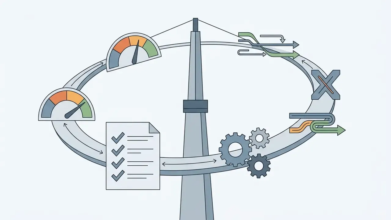 Central tower supporting a circular track with gauges, gears, and path markers for AI motion control