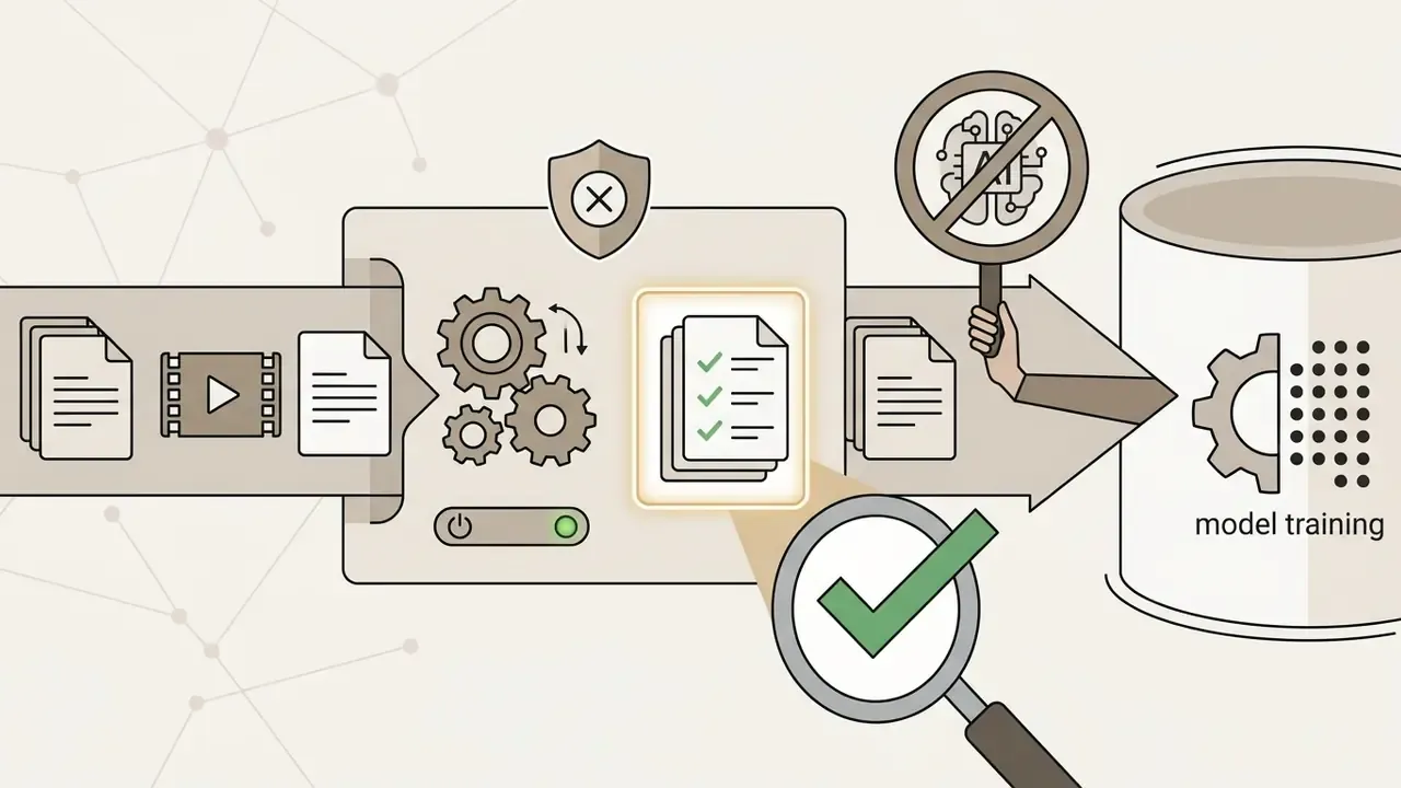 Magnifying glass with a checkmark inspecting a document while a blocked AI icon prevents data entry