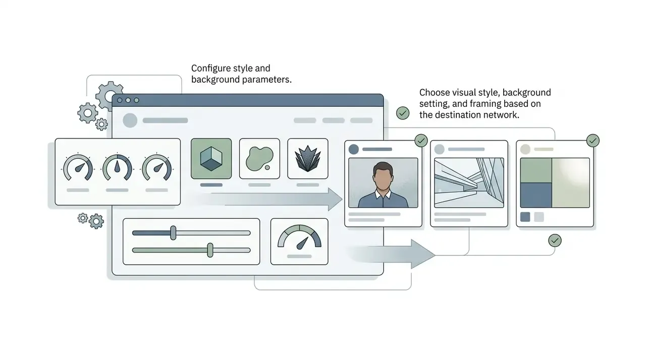Software interface with sliders and dials adjusting visual styles to generate social media portraits