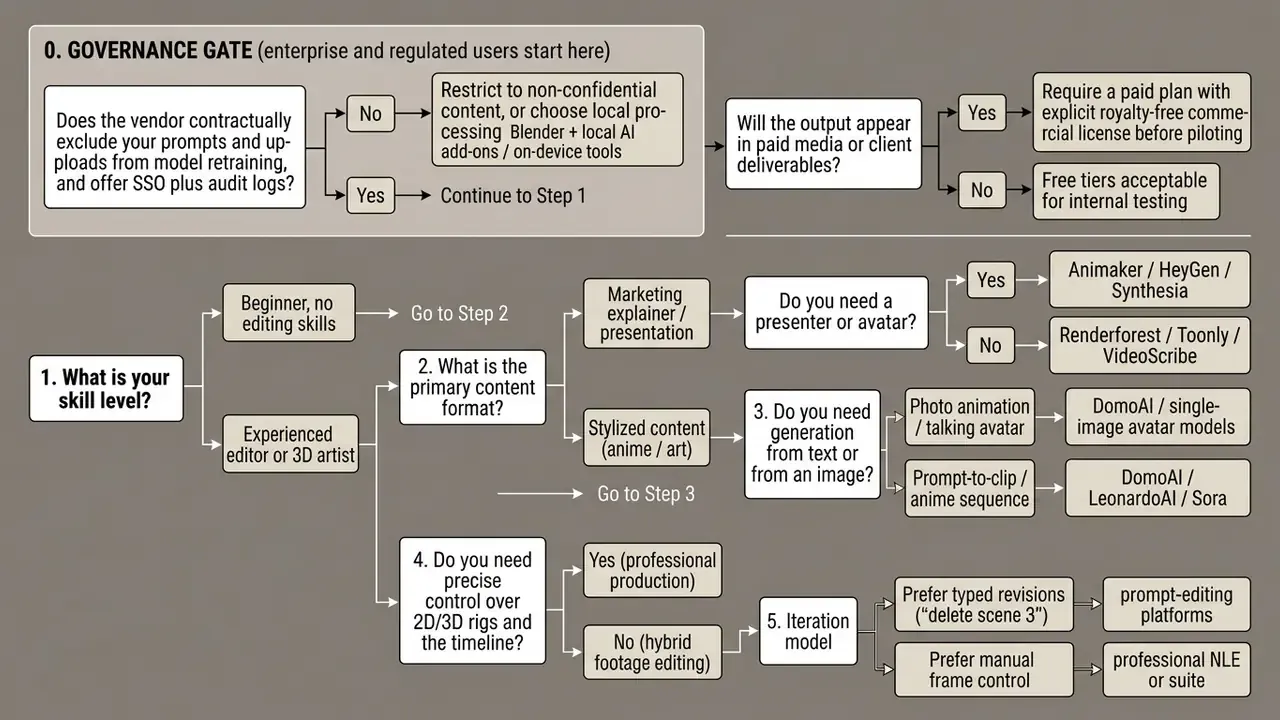 Decision tree mapping user skill levels and project requirements to specific AI animation software tools