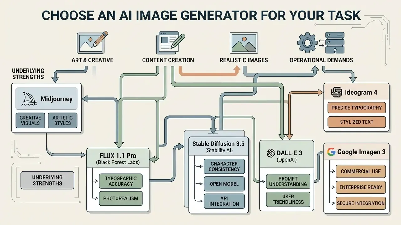 Flowchart mapping various AI image generators to specific creative strengths and operational requirements