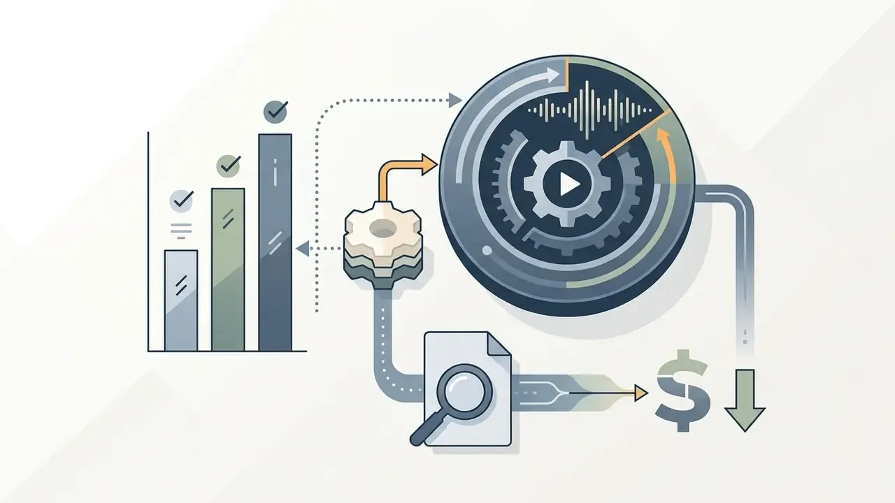 Bar chart data feeding into a circular video processor that calculates costs via a magnifying glass icon