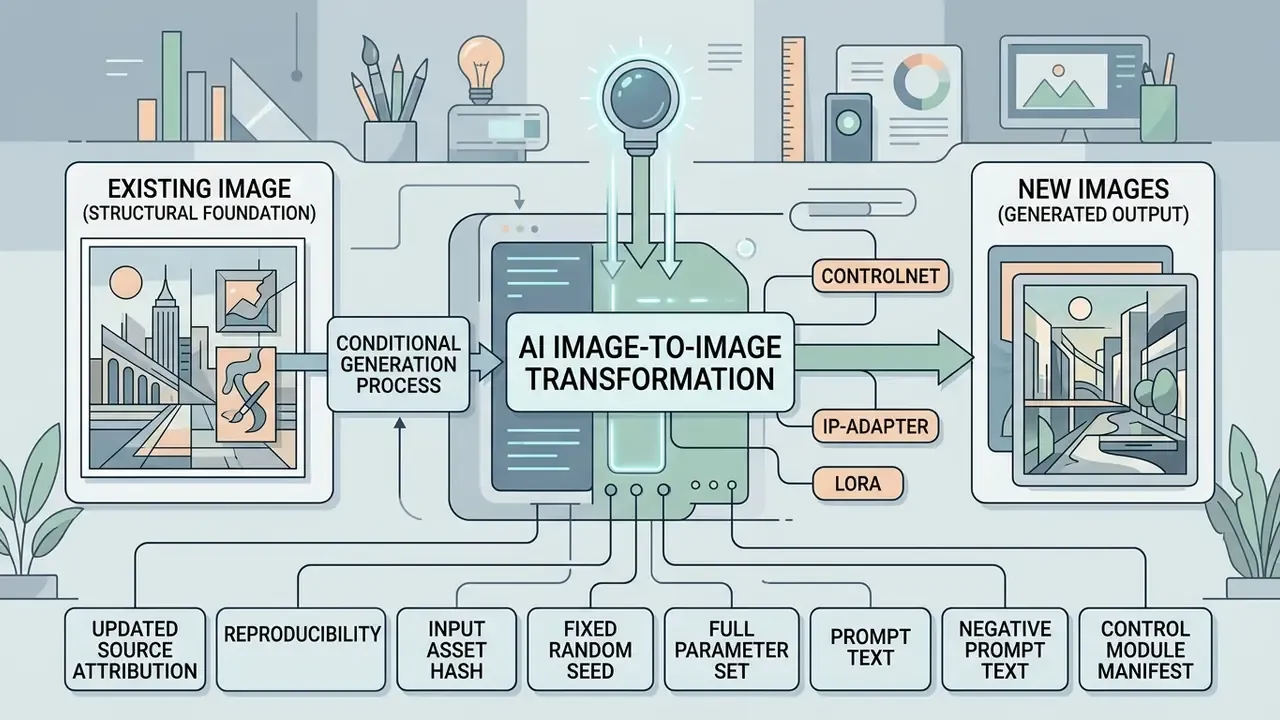 Infographic showing how a source image is processed through AI parameters to generate new output images