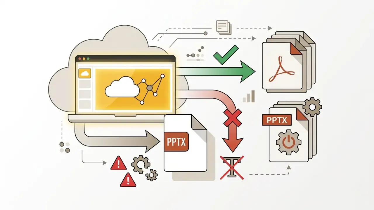 Laptop cloud interface processing PPTX files into PDF and formatted slide exports with error indicators