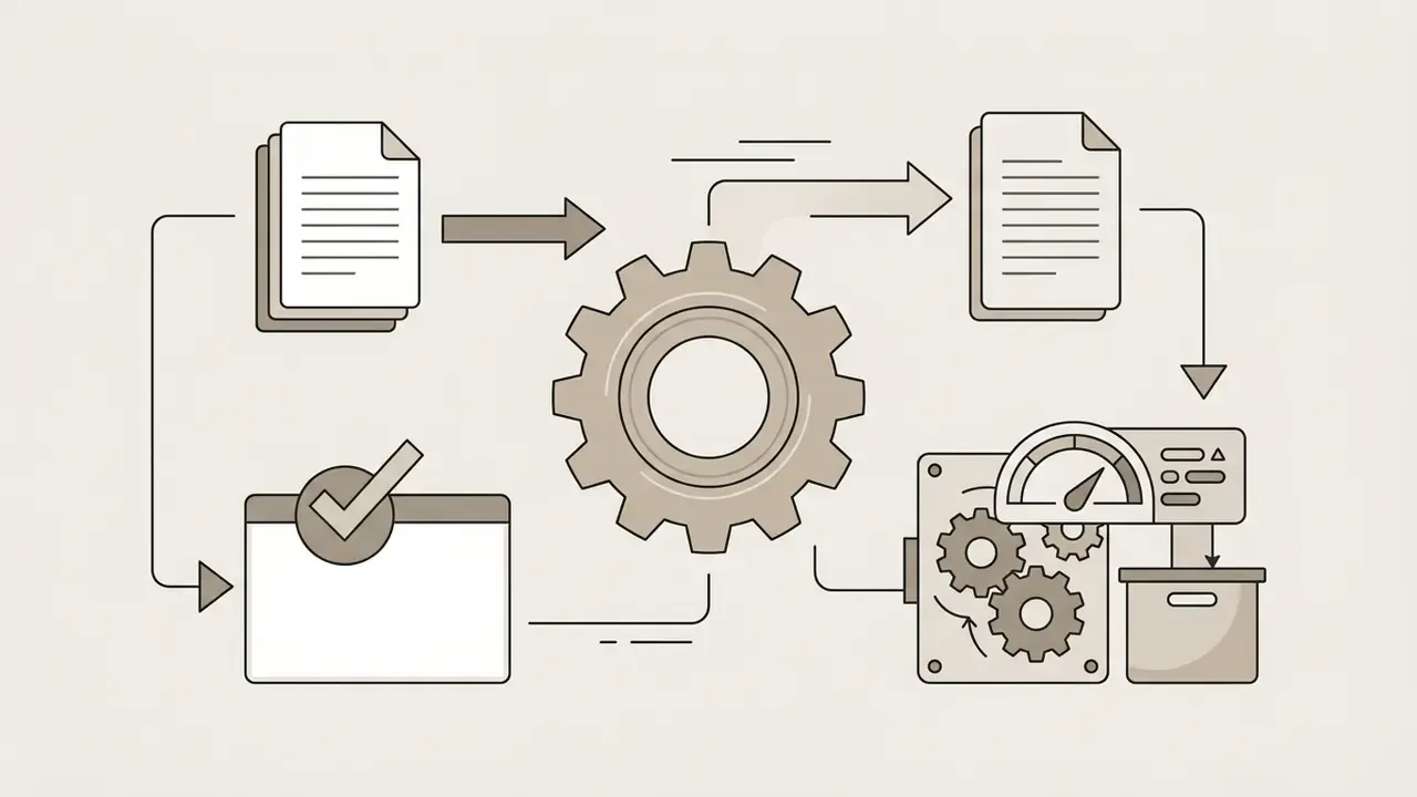 Cycle of paper sheets moving through a central gear and gauge system to reach a storage container
