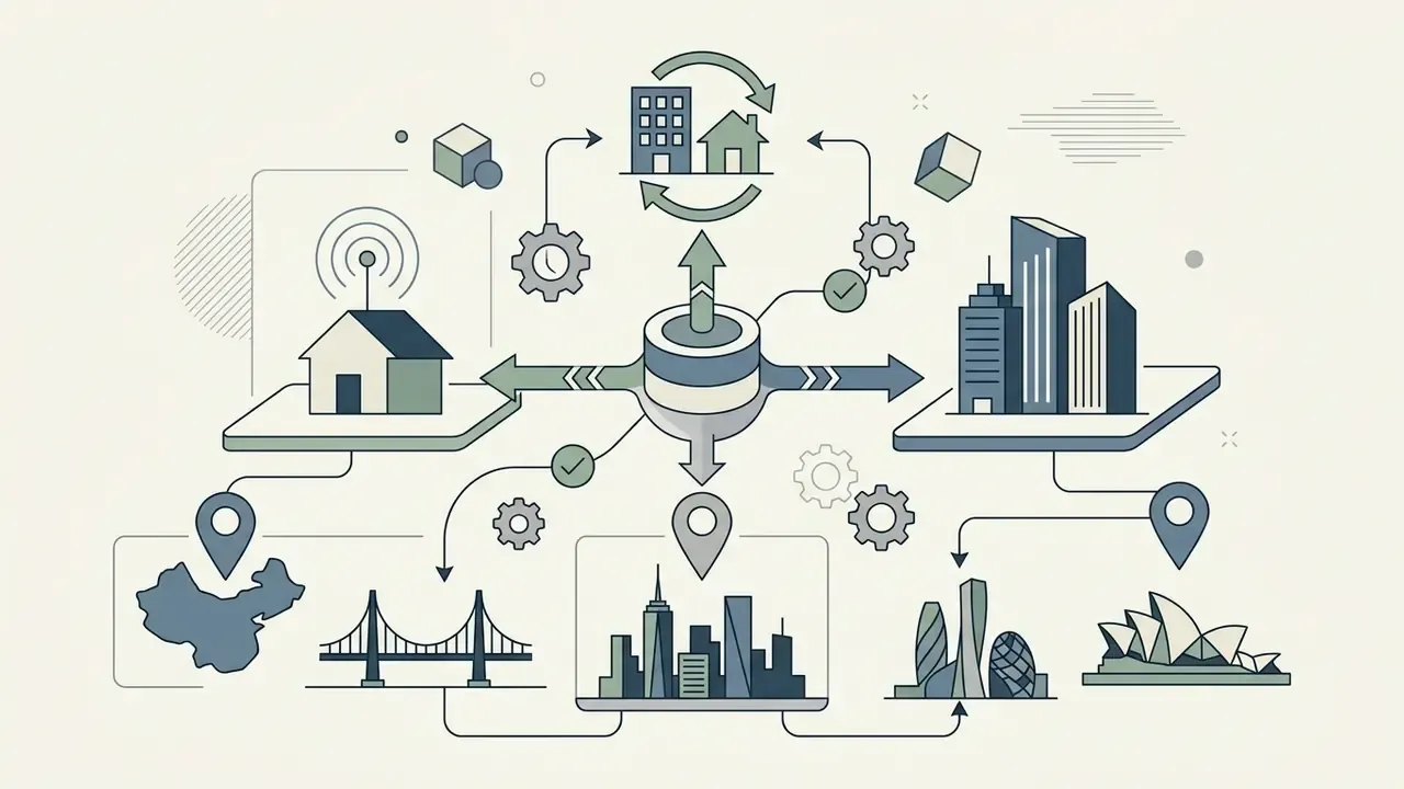 Central hub connecting remote work icons and city location markers through gear and directional arrow paths