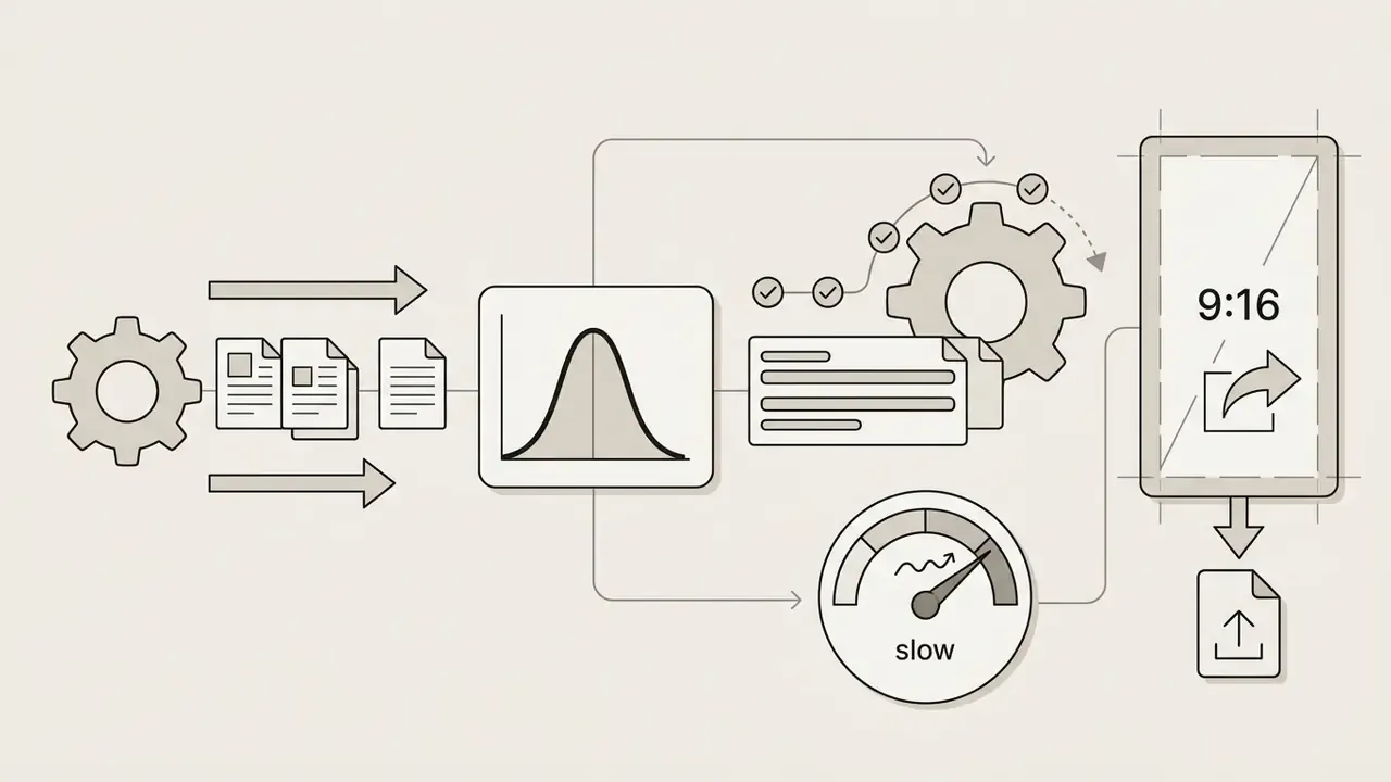 Flowchart showing video clips being processed through a speed ramp gauge to a vertical smartphone screen