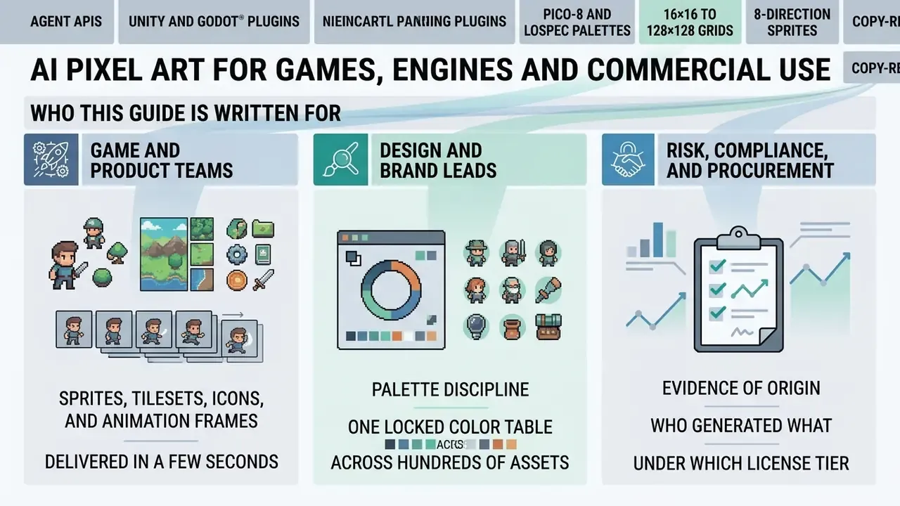 Three columns detailing user needs for a pixel art generator including game teams, design leads, and compliance