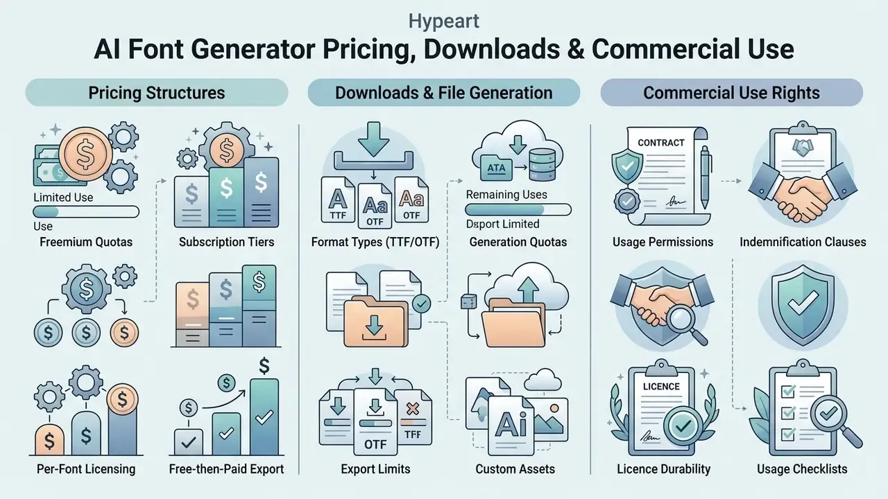 Structured infographic detailing subscription tiers, file export formats, and legal usage requirements