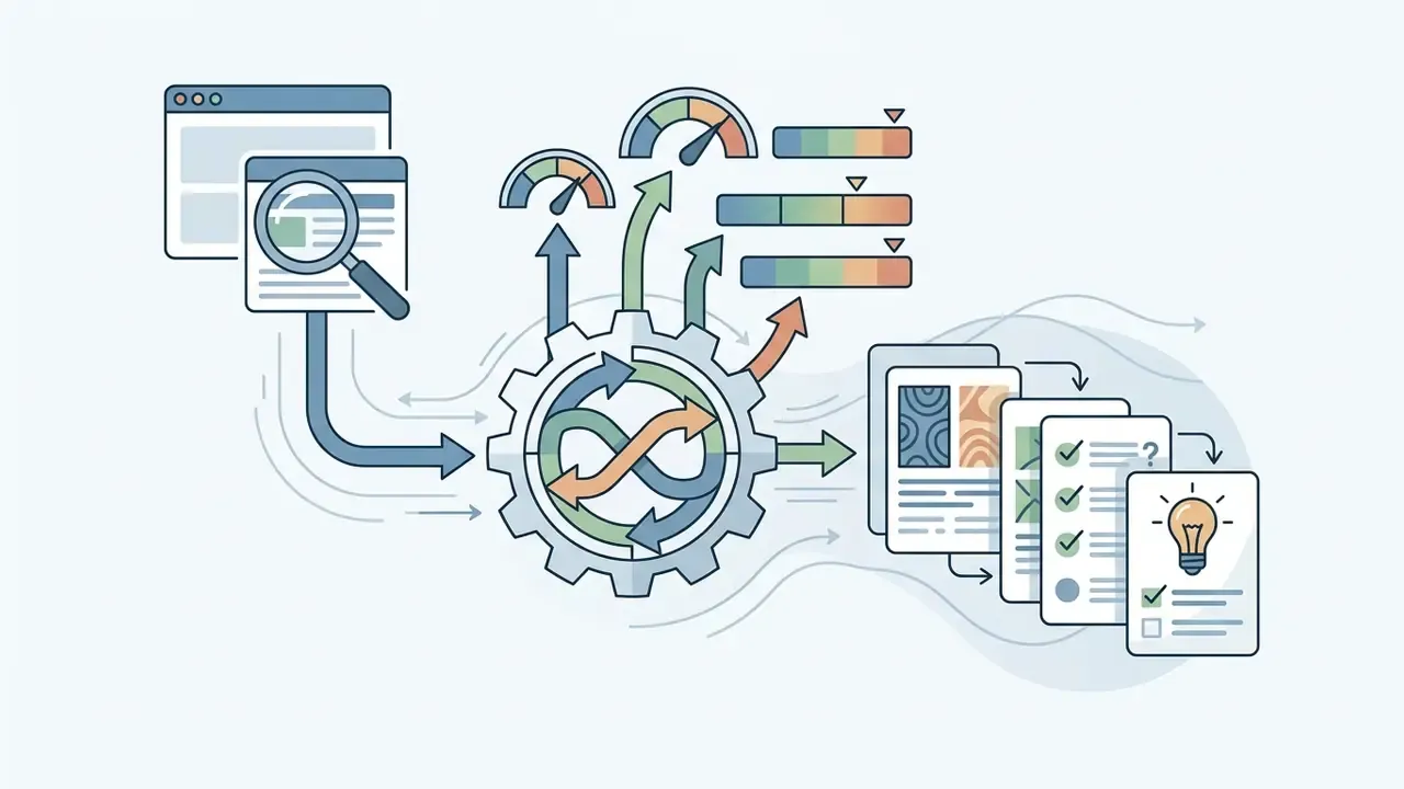 Web pages being analyzed and processed through a gear system to generate structured educational documents