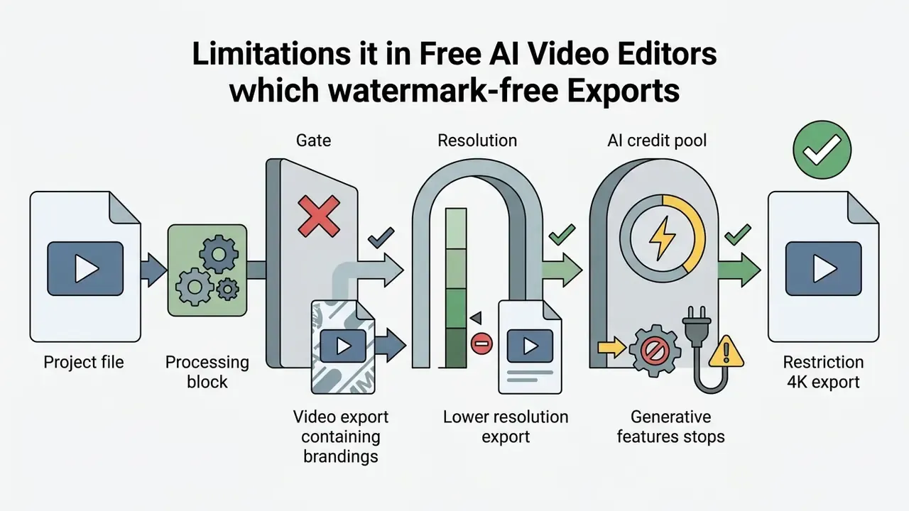 Three sequential gates representing branding, resolution, and AI credit limits in a free AI video editor