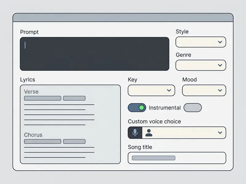 Control panel interface for an AI music generator with fields for text prompts, lyrics, and style settings