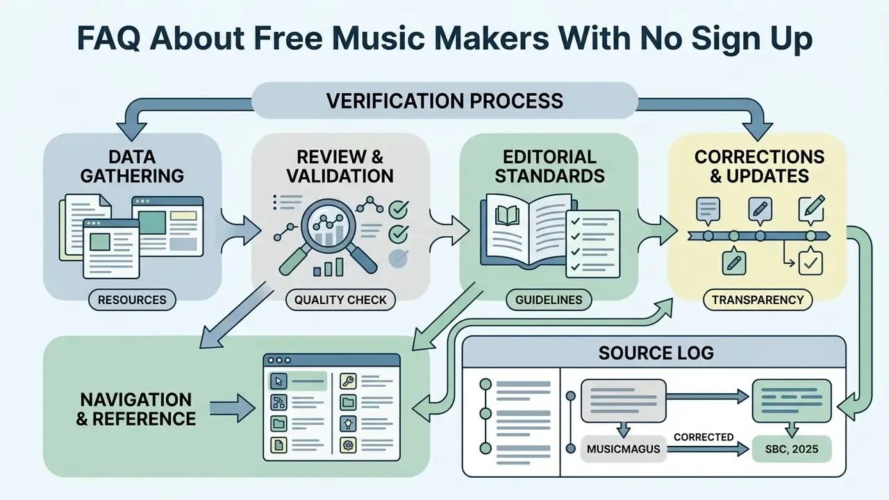 Process map showing data gathering, review, editorial standards, and source log for content verification
