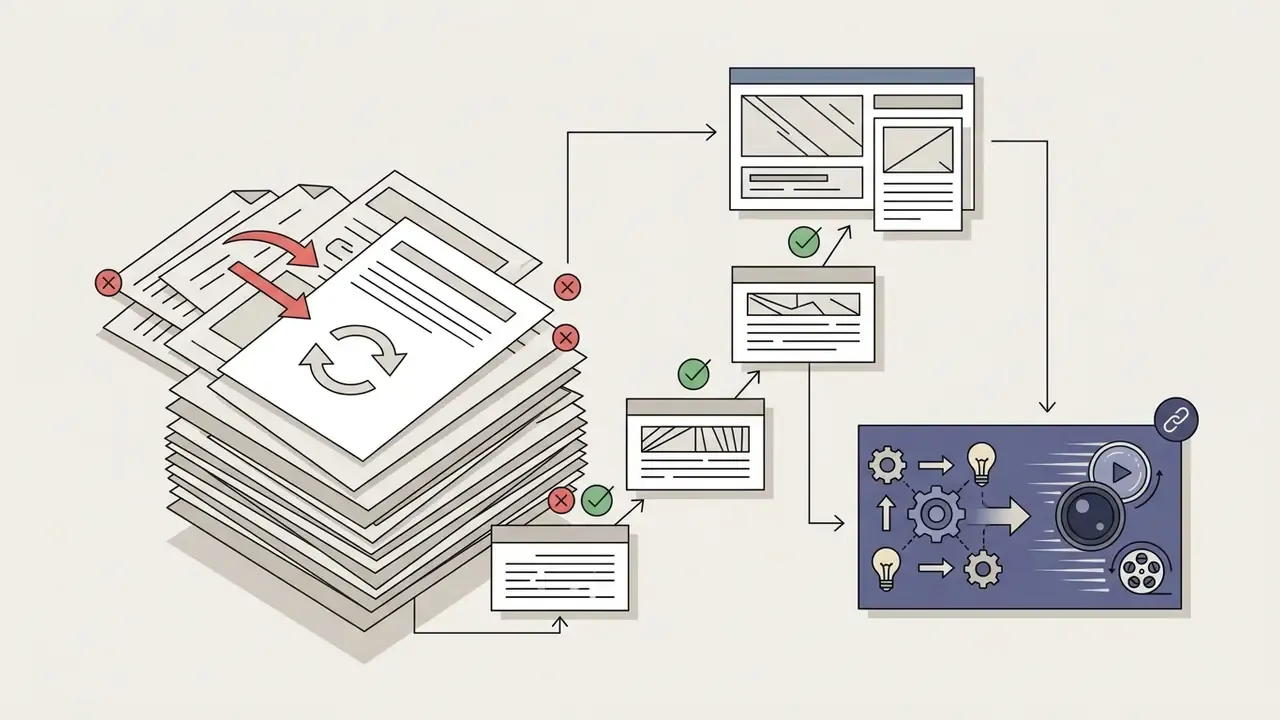 Stack of documents being processed and routed through web pages to a video generation module