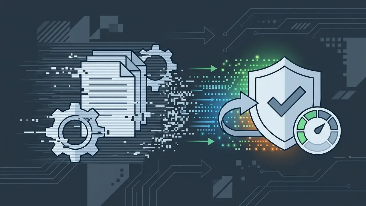 Digital documents and gears transforming into a protected shield icon with a performance gauge