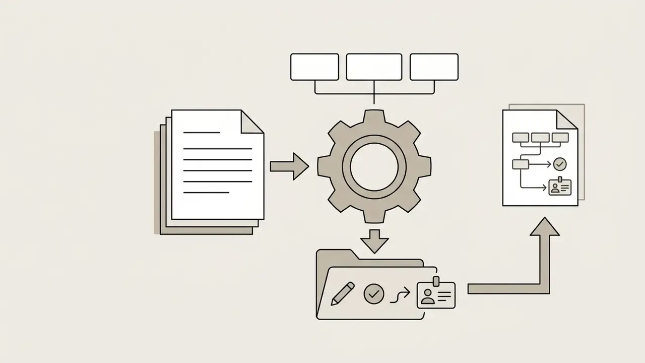 Gear icon processing document data into a folder with edit, approval, and user identification symbols