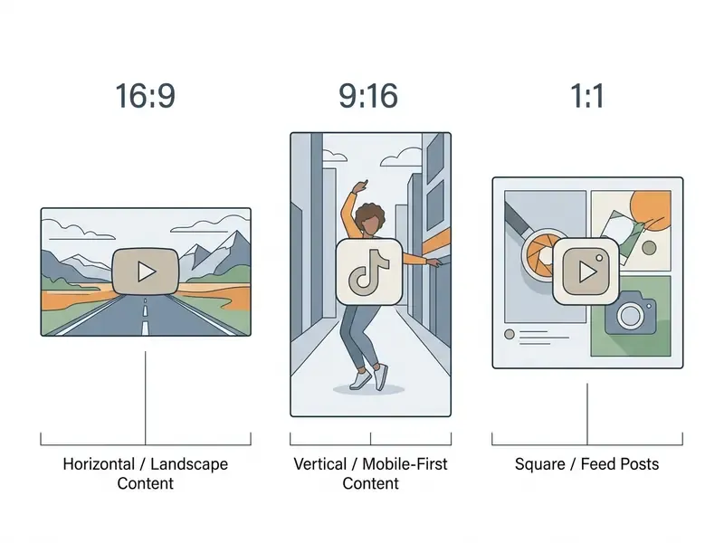 Comparison of 16:9, 9:16, and 1:1 aspect ratios with platform icons for social media video dimensions