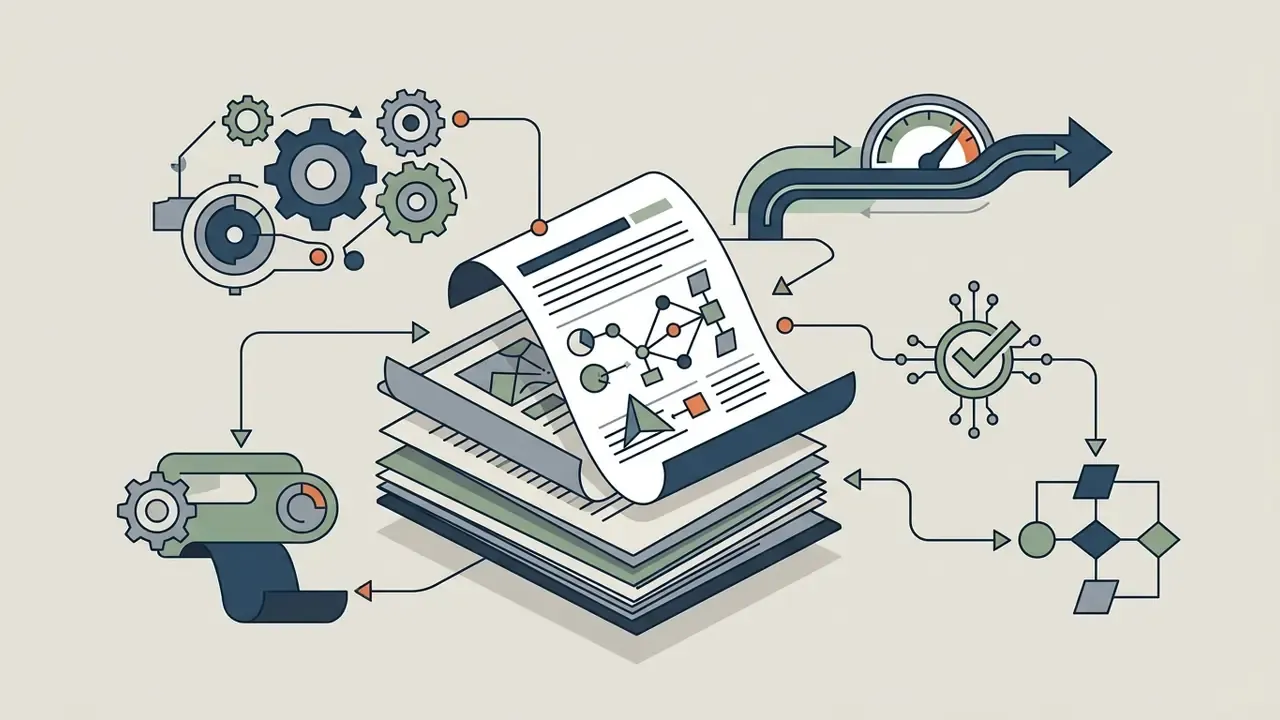 Stack of documents surrounded by icons of gears, a gauge, a checkmark, and a flowchart process