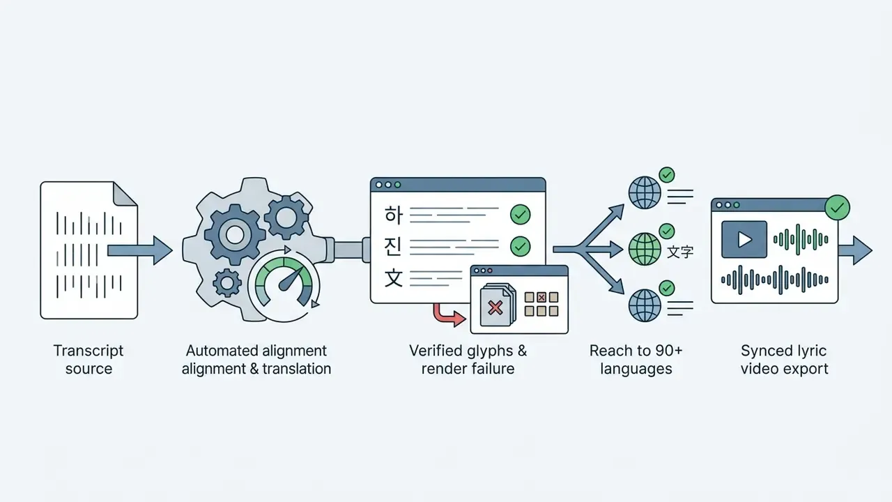 Transcript source feeding into a gear mechanism to process multilingual text and export synced video