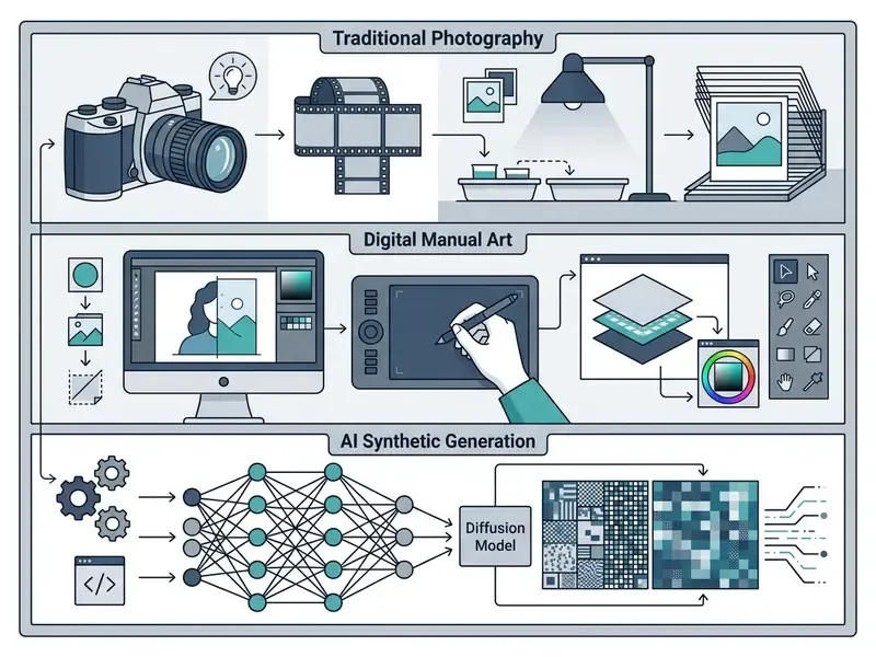 Diagram comparing the processes of traditional photography, digital manual art, and AI synthetic generation