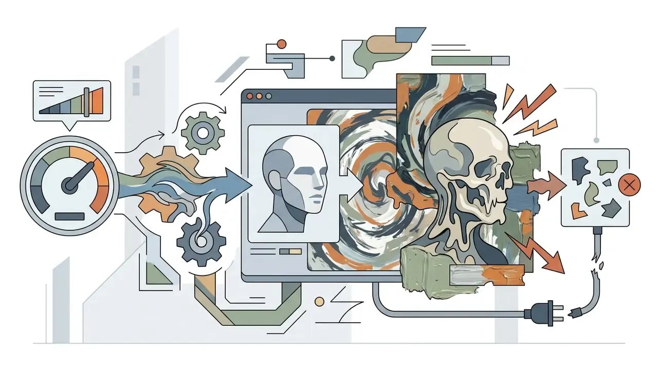 Gauge indicating high intensity settings that distort a facial portrait into an abstract skeletal form