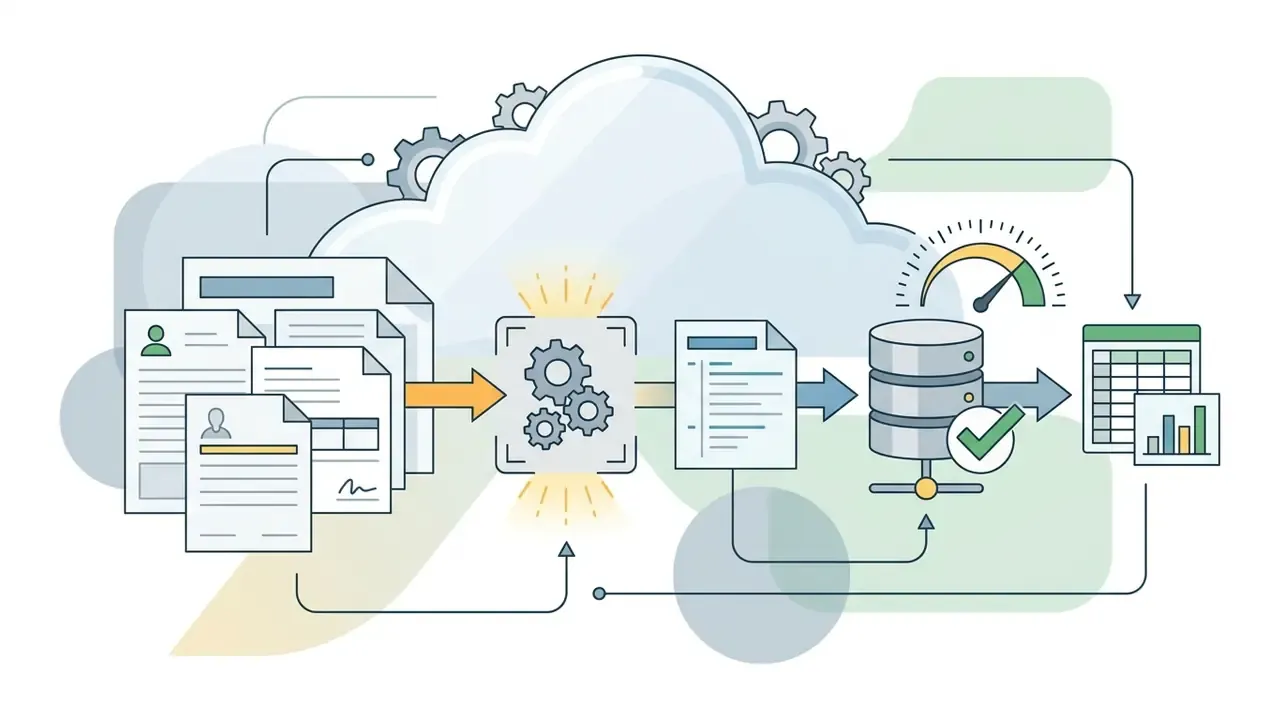 Documents moving through a cloud-based gear processor to reach a database and final data report