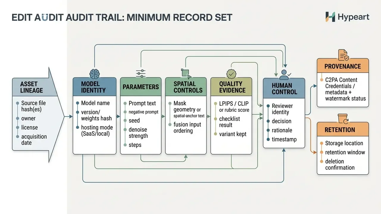 Sequential workflow diagram detailing data categories for tracking digital asset modifications