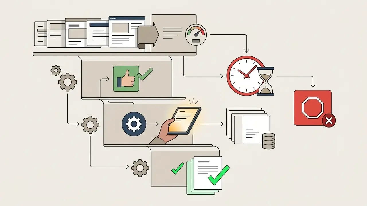 Documents moving through approval tiers with human review, time tracking, and a final stop sign block