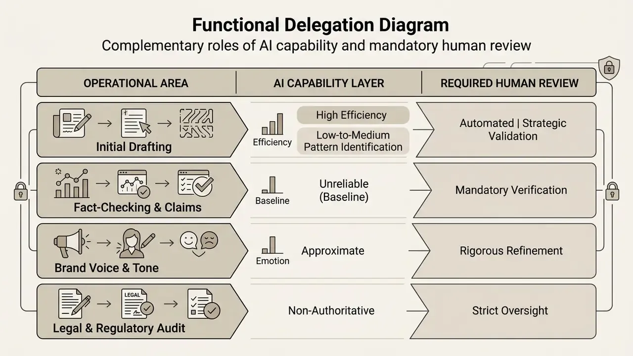 Table comparing operational areas, AI capabilities, and the corresponding level of human review required
