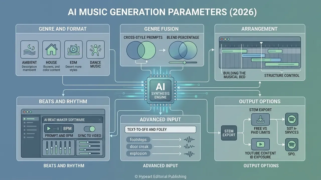 Infographic showing how an AI music creator tool manages genre, arrangement, rhythm, and output parameters