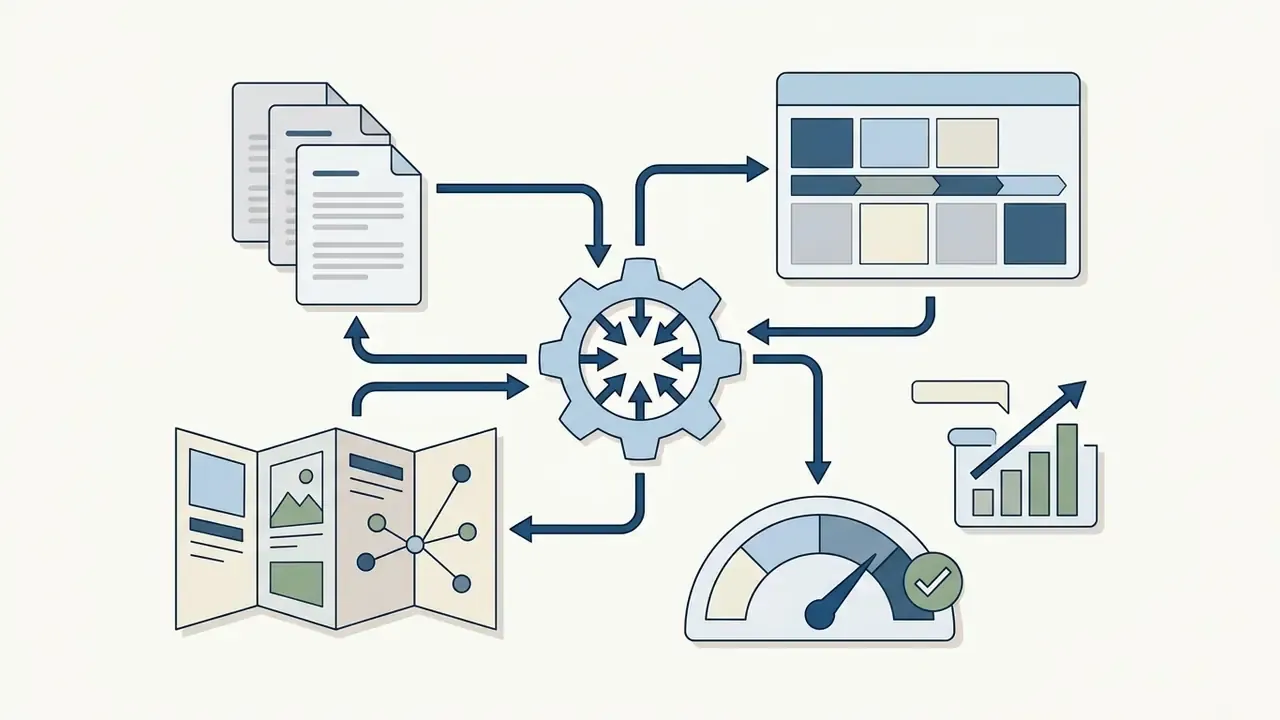 Central gear icon connecting documents, planning grids, growth charts, and performance gauges