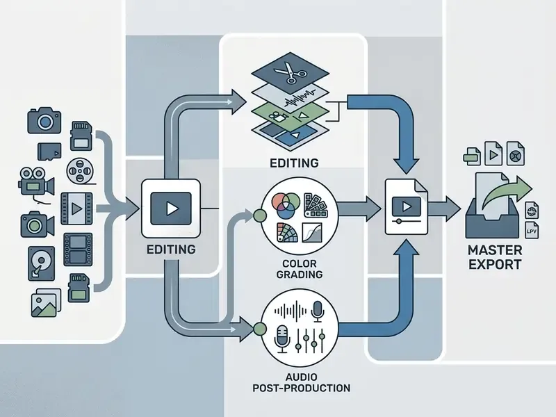 Diagram illustrating media ingest, editing, color grading, and audio post-production for master export