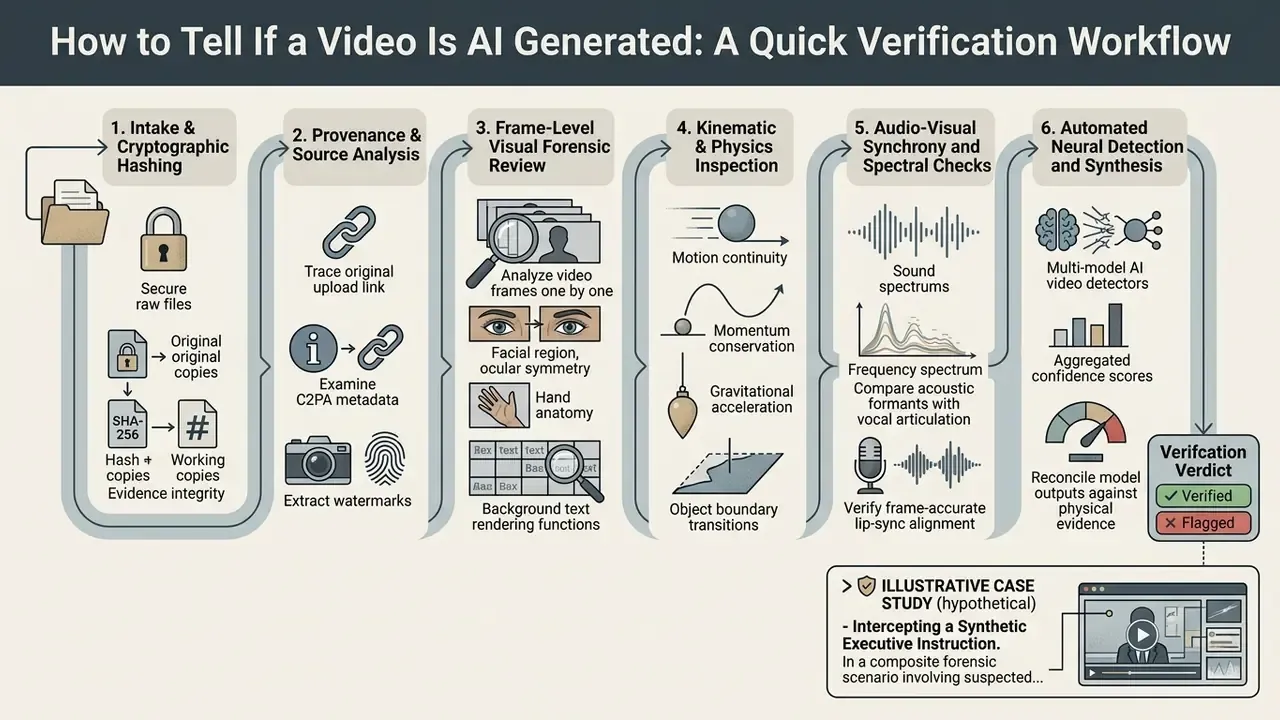Flowchart outlining a six-step forensic process to verify if a video is AI generated