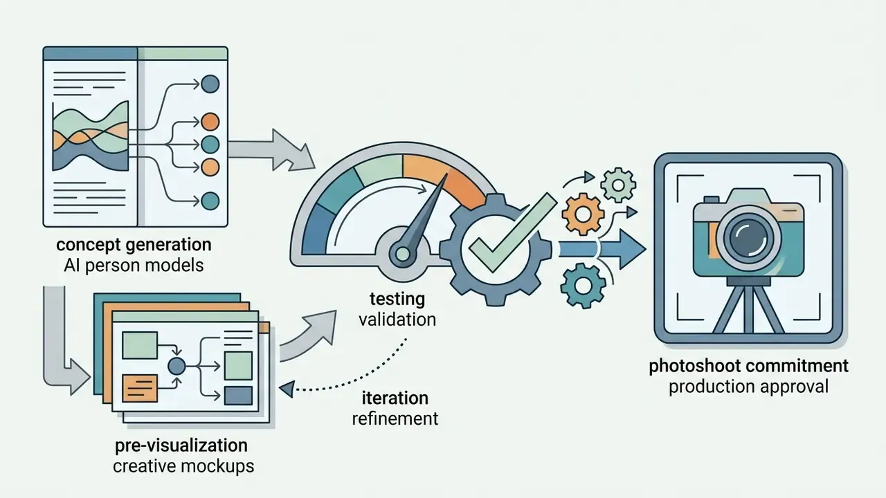 Workflow showing concept generation and creative mockups moving through a validation gauge to production