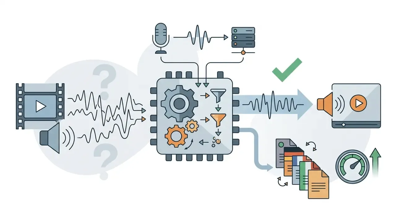 Distorted audio and video signals entering a processor to emerge as clean sound and localized language files
