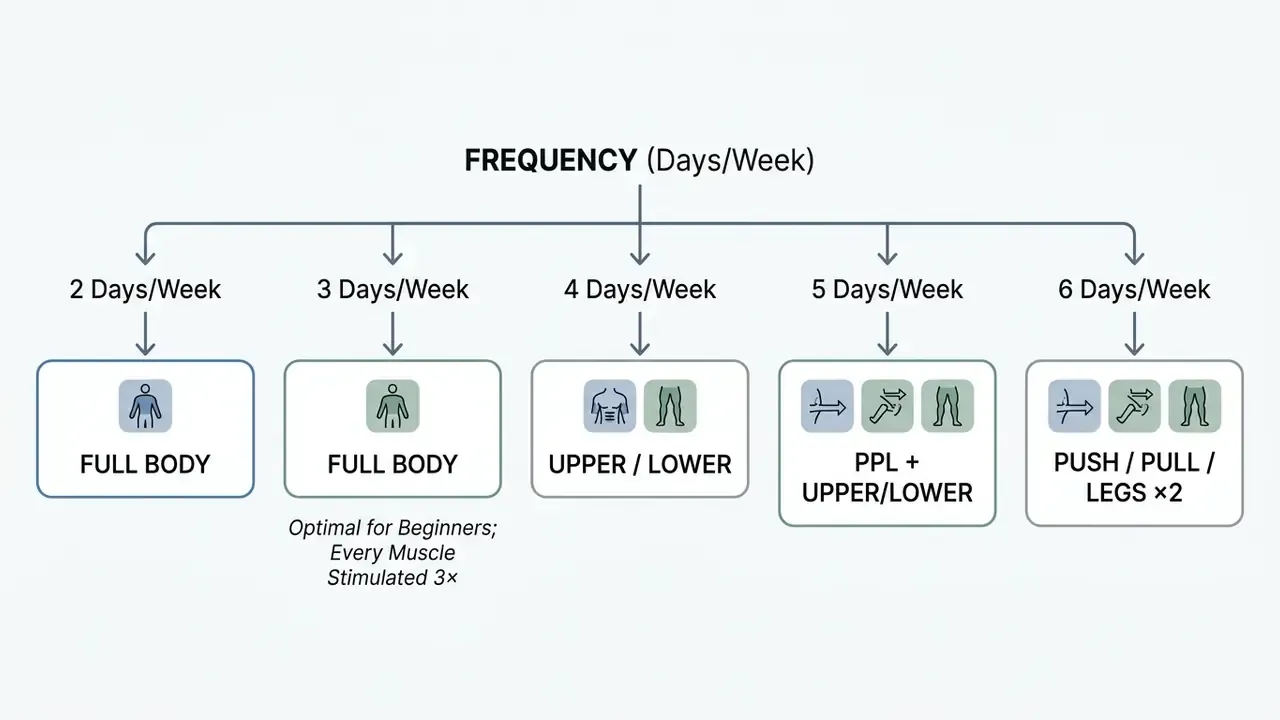 Decision tree mapping weekly training frequency to specific workout splits like full body or PPL