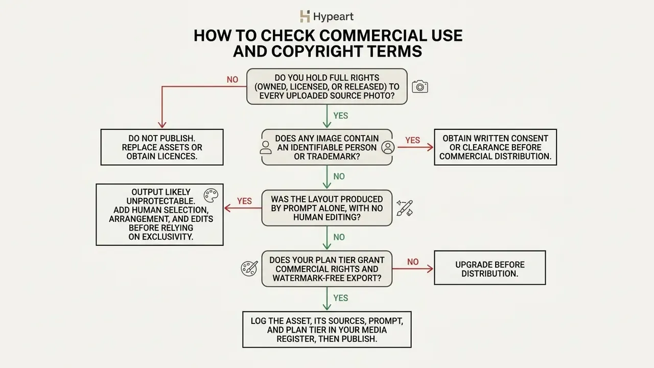Decision tree outlining legal steps for verifying copyright and commercial usage rights of digital assets