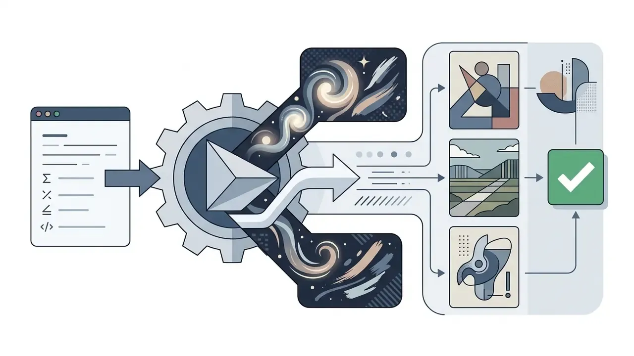 Document input feeding into a gear mechanism that processes creative imagery into final stylized outputs