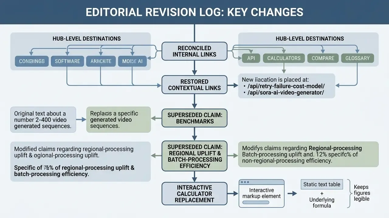 Editorial revision log diagram detailing internal link reconciliation and updates to technical claims