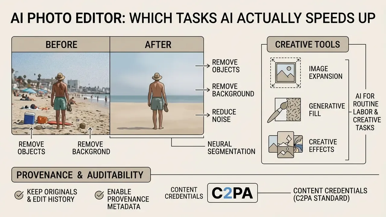 Infographic comparing before and after image edits alongside creative AI tools and provenance standards