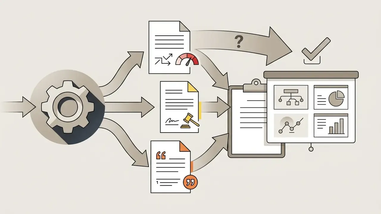 Gear mechanism processing documents into questionable outputs and a final business presentation board