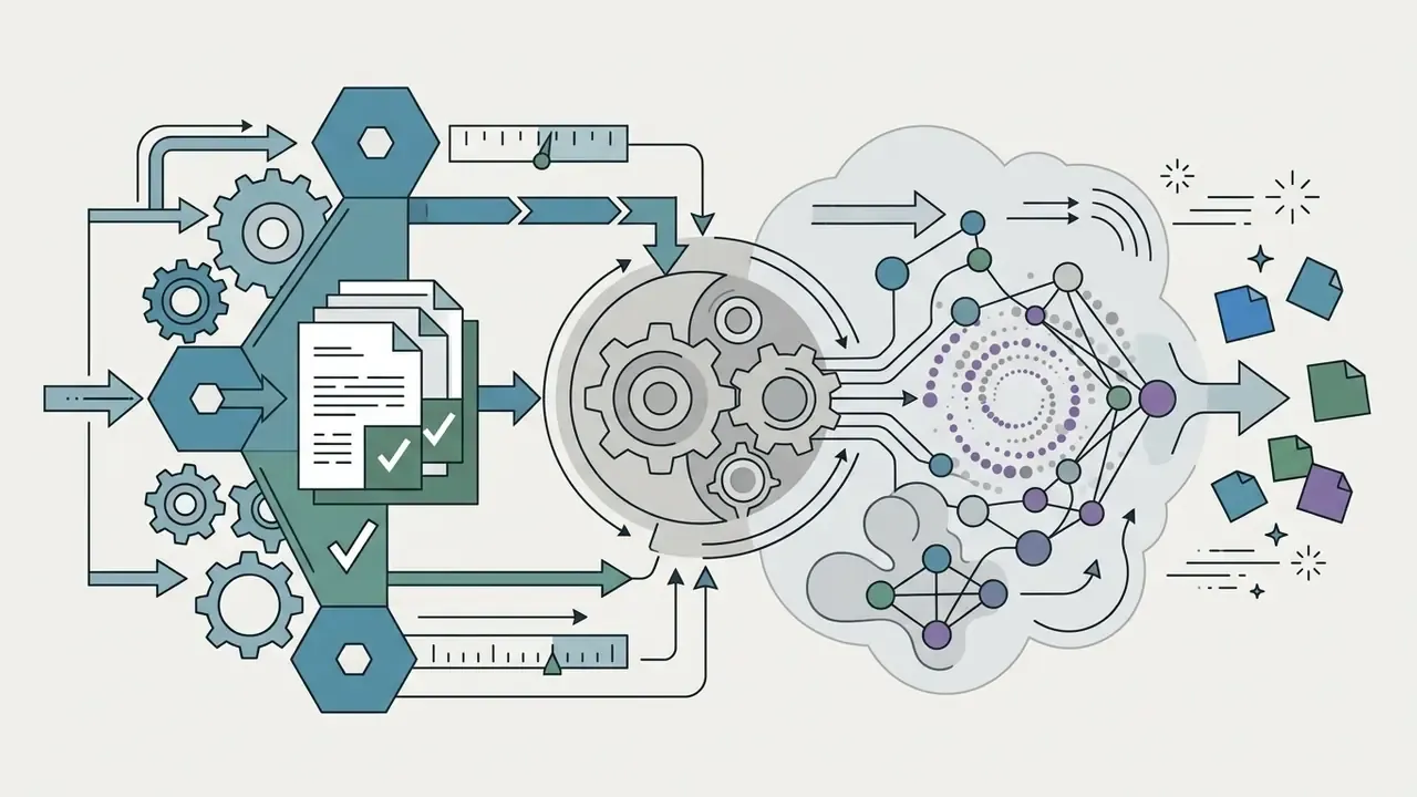 Gears processing documents into a central mechanism that feeds a neural network to generate outputs
