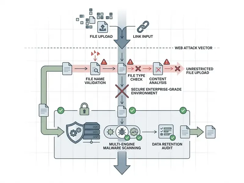 Diagram contrasting insecure file uploads with a protected path involving malware scanning and audits