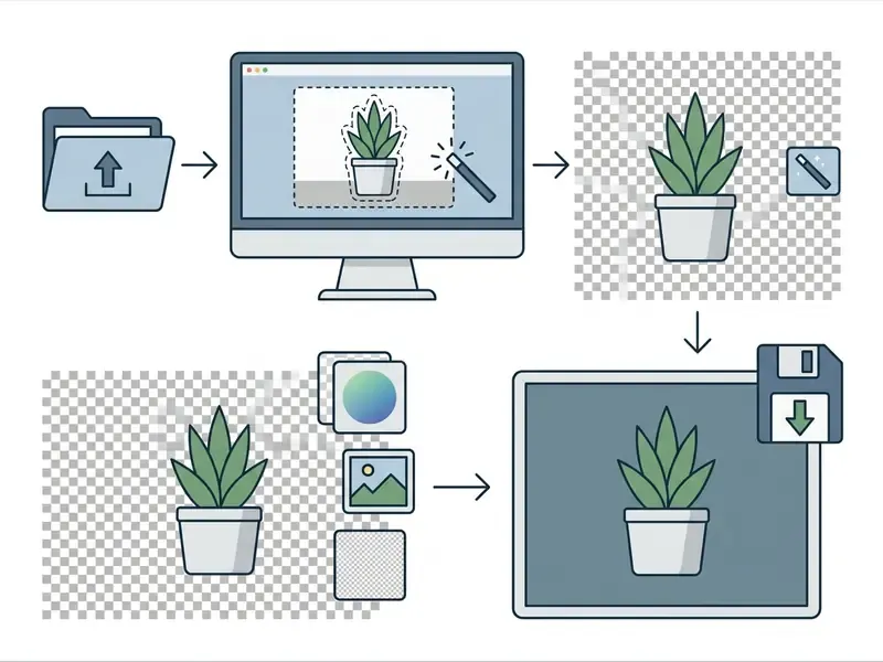 Four-step process showing image upload, background removal, backdrop selection, and final file export