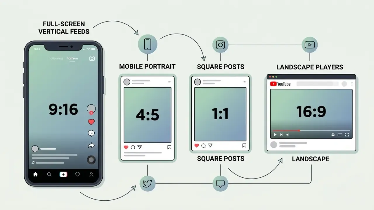 Diagram showing common video aspect ratios for social media platforms like 9:16, 4:5, 1:1, and 16:9