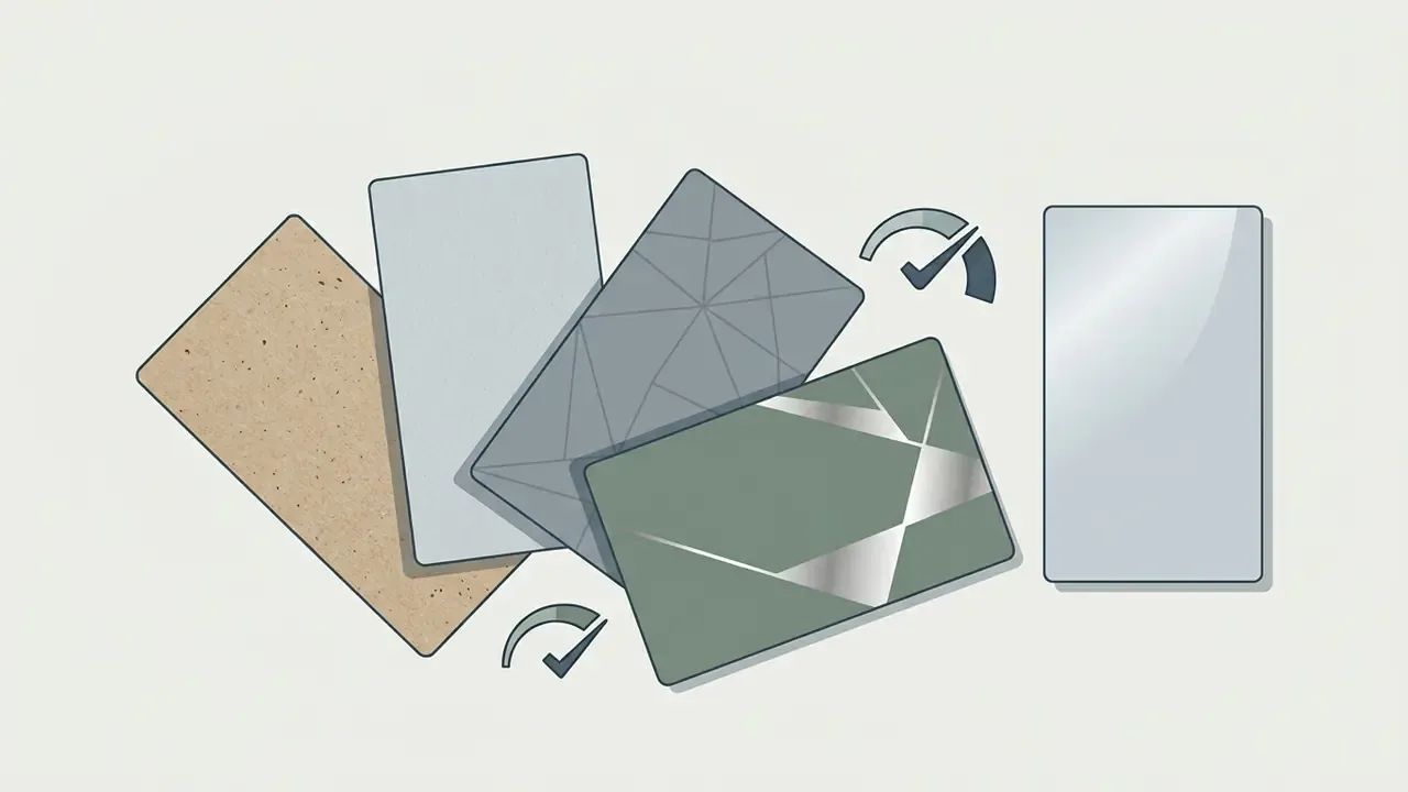 Various business card textures and finishes arranged with performance gauge icons