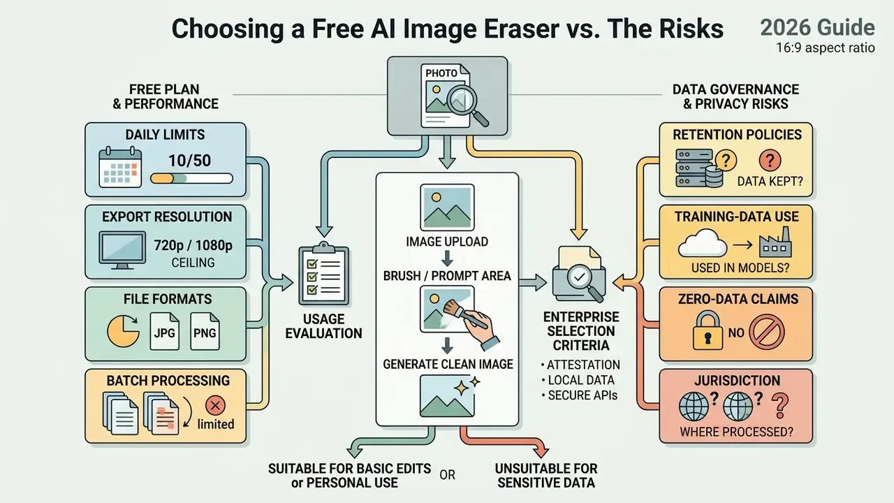 Flowchart comparing tool performance limits against data privacy risks for digital photo editing software